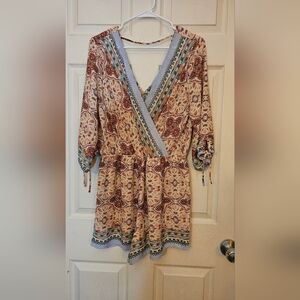 Rue 21 Boho Paisley Romper Wrap V-Neck Tie Sleeve - Size Large